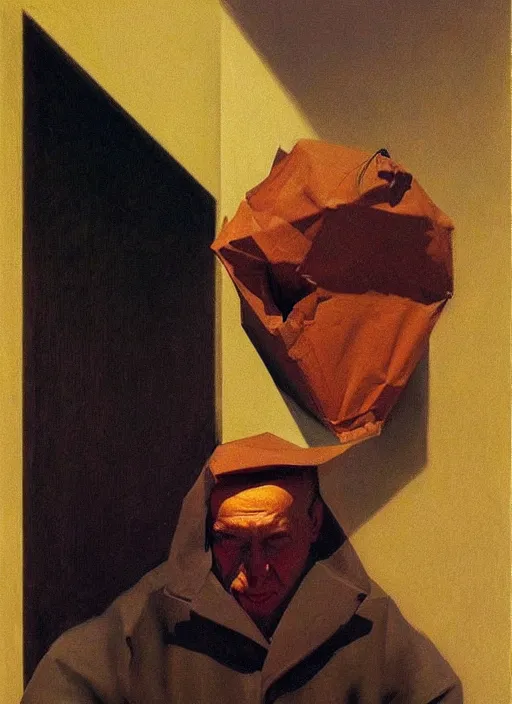 Image similar to man portrait with a paper bag over the head Edward Hopper and James Gilleard, Zdzislaw Beksinski, highly detailed