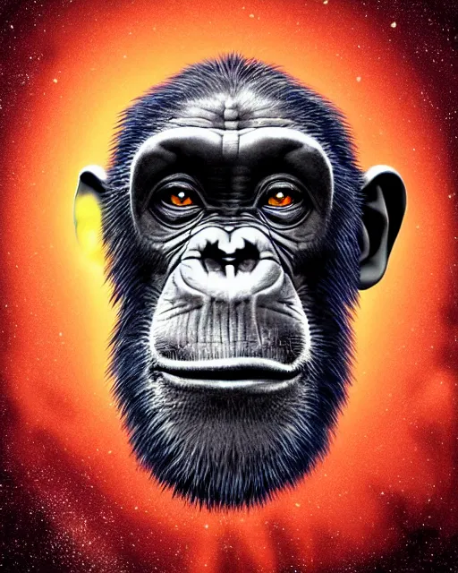 Prompt: very detailed high resolution illustration portrait of a chimpanzee head floating in space, backlit, night covered in stars, 3 d, 8 k, extremely detailed, artstation, furaffinity award winning, sharp focus, illustration, intimidating lighting