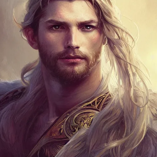 Image similar to portrait of knight, white eyes, white long hair, scar on face, handsome, elegant, intricate, headshot, highly detailed, digital painting, artstation, concept art, sharp focus, illustration, art by artgerm and greg rutkowski and alphonse mucha