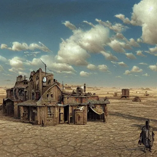 Prompt: a hyperrealistic painting of a steampunk village in the middle of a desert wasteland, blue skies, ominous clouds, by john kenn mortensen and zdzislaw beksinski, highly detailed, vivid color,
