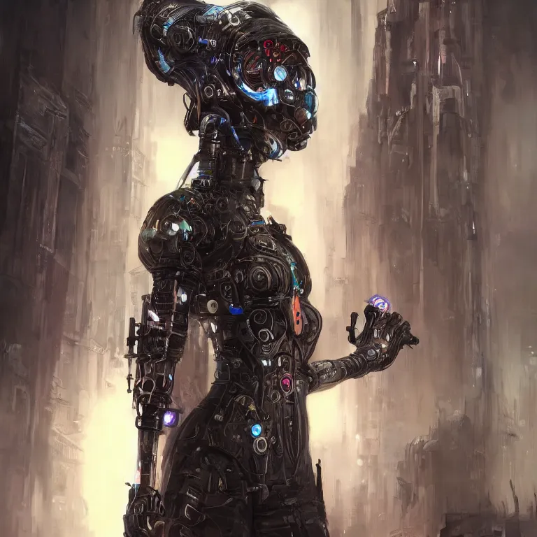 Image similar to cybernetic priestess, cyberpunk, gothic, fantasy, science fiction, character concept art, painting, hyperdetailed, realistic, creepy, atmospheric, cinematic, kinemacolor