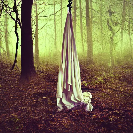 Prompt: clothes on a hanger in a lonely eery forest, fever dream, award winning photography, dreamcore, weirdcore