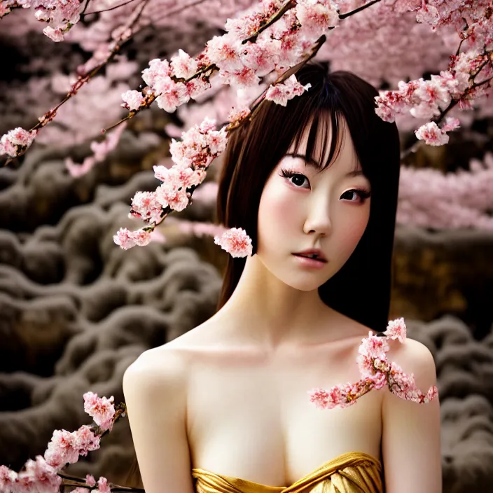 Image similar to Kodak Portra 400, 8K, soft light, volumetric lighting, highly detailed, Rena Nounen style 3/4 ,portrait photo of a Japanese ravishing Goddess by WLOP, the face emerges from a lava flowing gold travertine terraces with sakura trees, inspired by Ophelia paint , a beautiful chic dress and hair are intricate with highly detailed realistic beautiful flowers , Realistic, Refined, Highly Detailed, ethereal lighting colors scheme, outdoor fine art photography, Hyper realistic, photo realistic, masterpiece