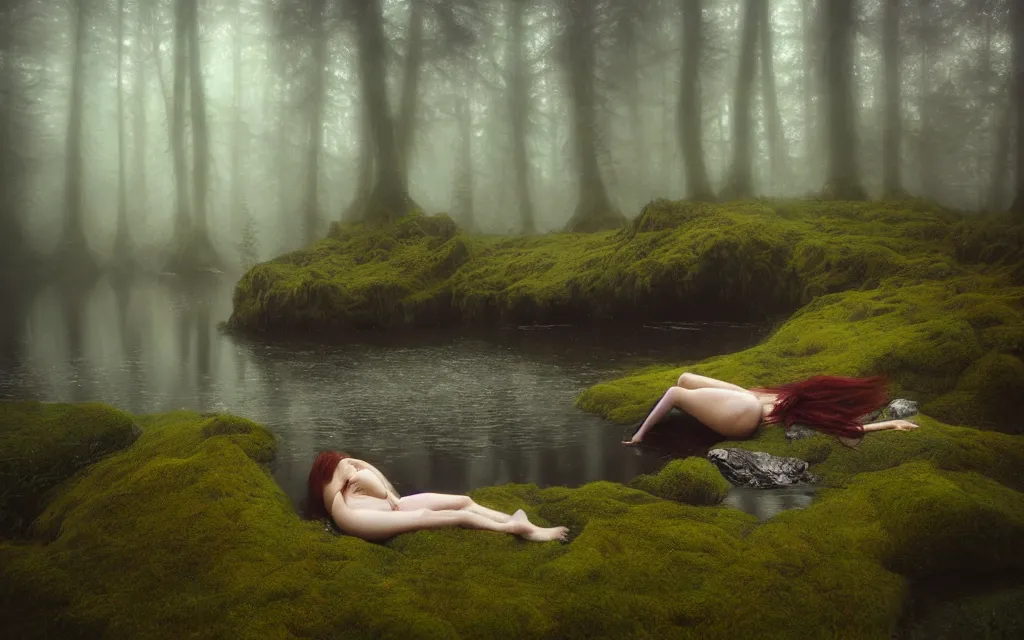Prompt: little mermaid lying on a rock in a pond in the middle of the forest, fir trees, moss, fog, dramatic atmosphere, highly detailed, cinematic lighting, perfect composition artem demura