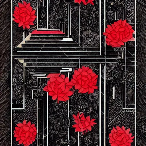 Image similar to breathtaking detailed concept art painting art deco pattern black red flowers and diamonds by hsiao - ron cheng, bizarre compositions, exquisite detail