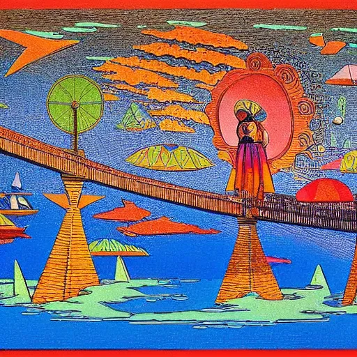 Prompt: aesthetic by george pemba, by heinrich lefler mexican muralism, charming. a sculpture of a group of flying islands, each with its own unique landscape, floating in the night sky. the islands are connected by a network of bridges. a small group of people can be seen walking along one of the bridges.