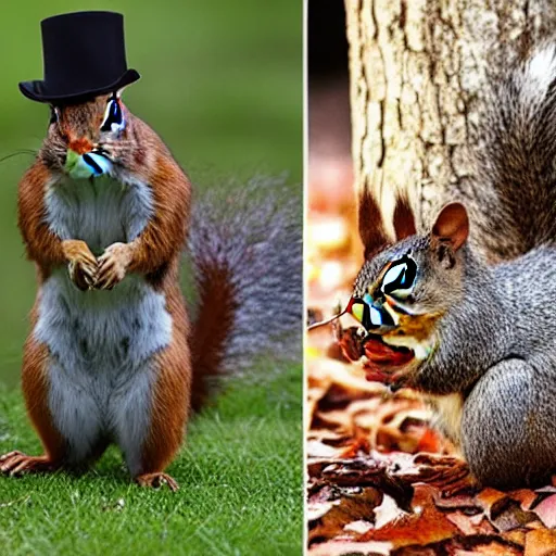 Image similar to an environmental portrait of squirrels dressed as Sherlock Holmes and Watson