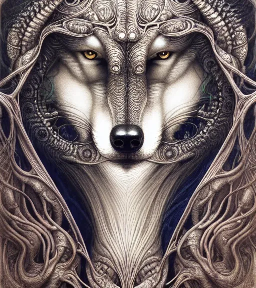 Image similar to detailed realistic beautiful wolf goddess face portrait by jean delville, gustave dore, iris van herpen and marco mazzoni, art forms of nature by ernst haeckel, art nouveau, symbolist, visionary, gothic, neo - gothic, pre - raphaelite, fractal lace, intricate alien botanicals, ai biodiversity, surreality, hyperdetailed ultrasharp octane render