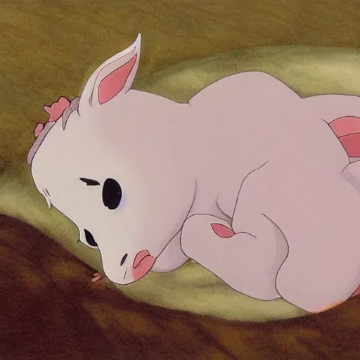 Image similar to baby-unicorn lying in the hands,GHIBLI