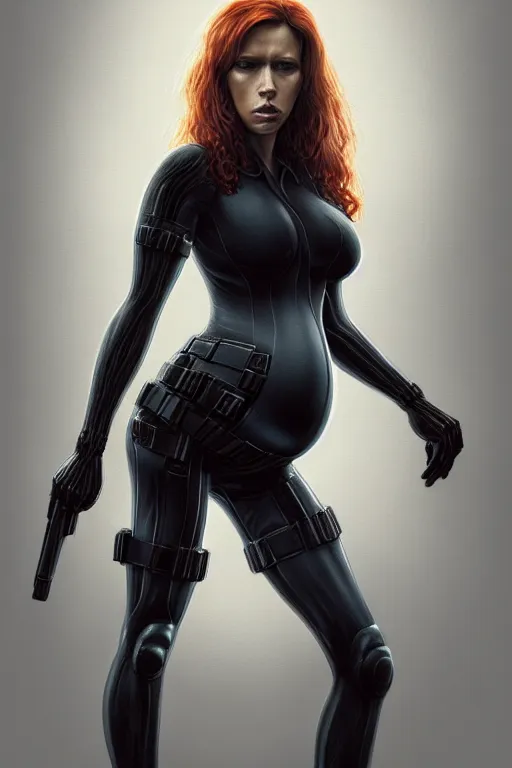 Image similar to pregnant black widow, realistic portrait annie leibovitz photography, symmetrical, highly detailed, digital painting, artstation, concept art, smooth, sharp focus, illustration, cinematic lighting