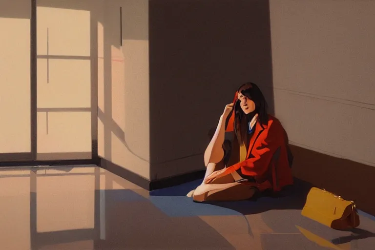 Image similar to a ultradetailed beautiful panting of a stylish woman sitting on the floor in a tiled room, she is wearing an oversized jacket, night time, oil painting, by ilya kuvshinov, greg rutkowski, guweiz and makoto shinkai