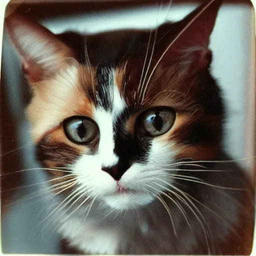 Prompt: old polariod picture of a calico cat, 8K