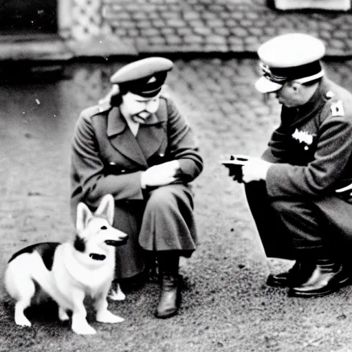 Image similar to ultra wide 1 9 4 6 blurry historical photo of a single german general kneeling, a young queen elizabeth and her brown and white corgi watch him, french village exterior, highly detailed, sharp focus