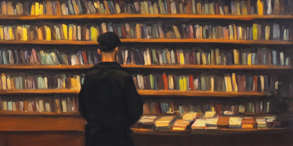 Prompt: bookseller in black overalls shelves books in bookshop cinematic lighting, detailed oil painting, 4k