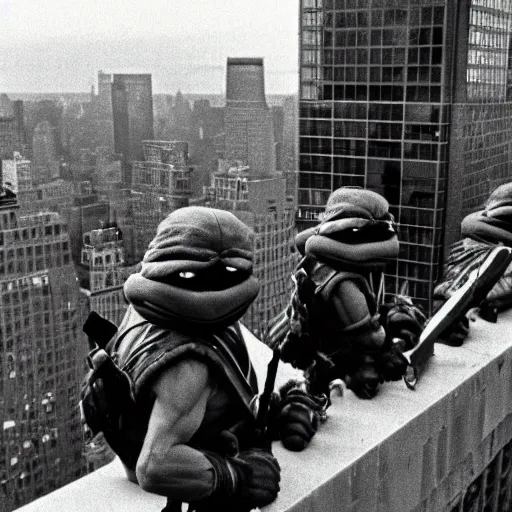 Prompt: a dark photograph of the teenage mutant ninja turtles on top of a building in new york looking at the city, wide shot, outdoors, sunset at golden hour, wide-angle lens, in 1985