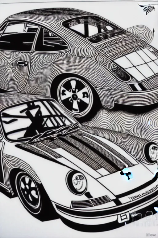 Image similar to a black and white drawing of a porsche 9 1 1, a detailed mixed media collage by hiroki tsukuda and eduardo paolozzi and moebius, intricate linework, sketchbook psychedelic doodle comic drawing, geometric, street art, polycount, deconstructivism, matte drawing, academic art, constructivism