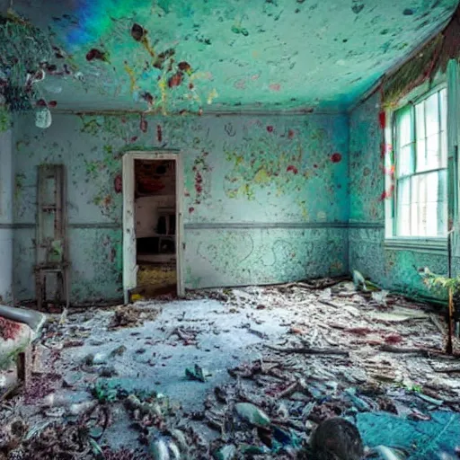 Image similar to abandoned cottage interior filled with iridescent jellyfish and lush coral