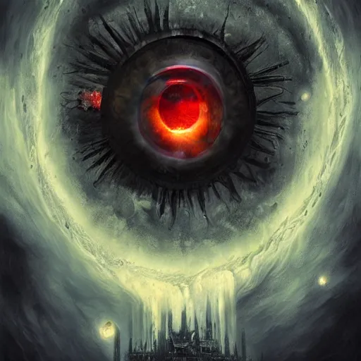 Image similar to The Flaming Eye of the Universe, digital illustration, professional art by Seb McKinnon and David Romero, fantasy, magic, magestic, detailed, forboding, hyper detailed