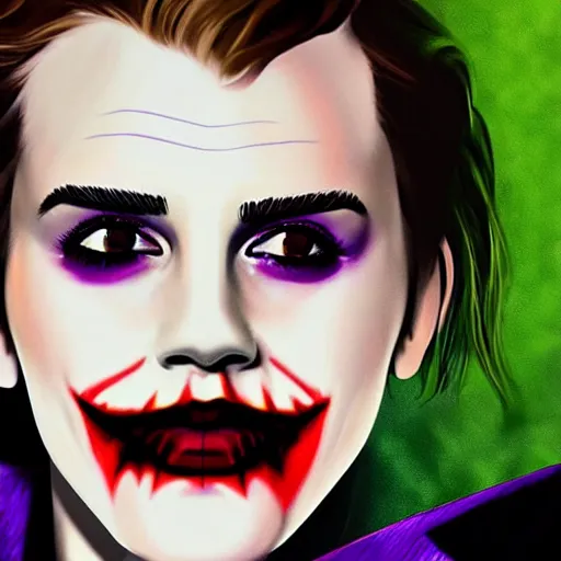 Image similar to Emma Watson as The Joker, highly detailed, realistic face, digital art