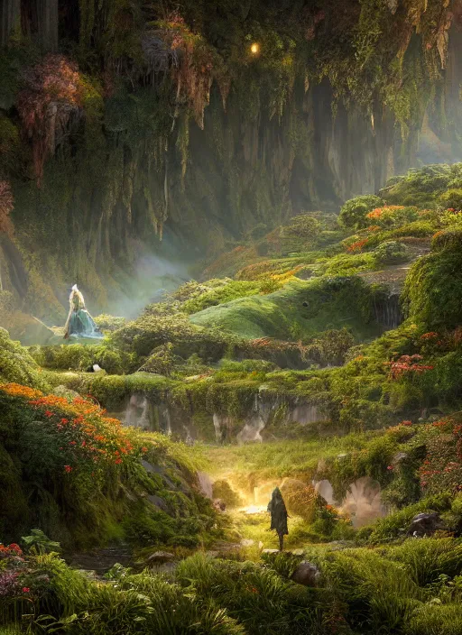 Image similar to in the distance a symmetrical fairy flying in a lord of the rings scenery landscape, a vast lush valley flowers and wood structures, stream, sunrise, god's rays highly detailed, vivid color, cinematic lighting, perfect composition, 8 k, gustave dore, derek zabrocki, greg rutkowski, belsinski, octane render