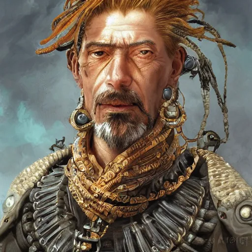 Image similar to portrait, headshot, insanely nice hair style, digital painting, of a old 17th century, old cyborg merchant, amber jewels, baroque, ornate clothing, scifi, realistic, hyperdetailed, chiaroscuro, concept art, art by Franz Hals and Jon Foster and Ayami Kojima and Amano and Karol Bak,