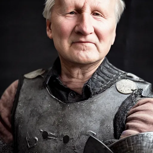 Image similar to an elderly stellan skarsgard poses for a portrait, he has long grey hair and beard, wearing black armor and holding sword