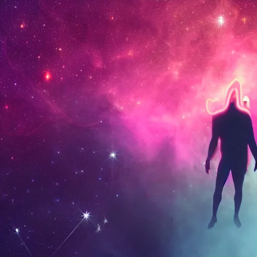 Image similar to a towering godlike apparition in the shape of a human, made of smoke and fog, backlit by pink, purple, red, blue neon lighting, nebulas, backround of stars and galaxies