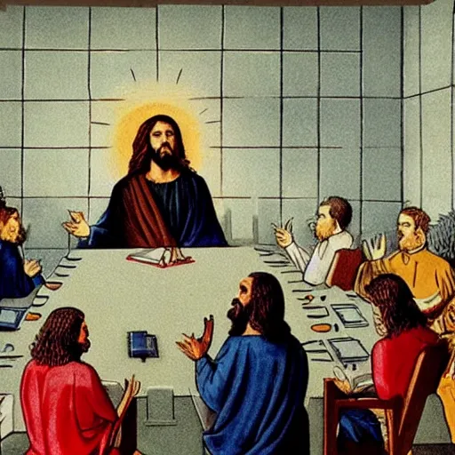 Image similar to Jesus as a business executive presiding over a boardroom meeting