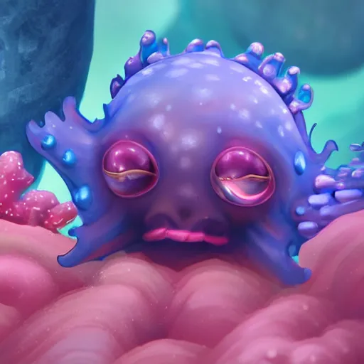 Prompt: close-up of a sea slug looking like fantasy characters with cute faces live in its habitat, trending on artstation