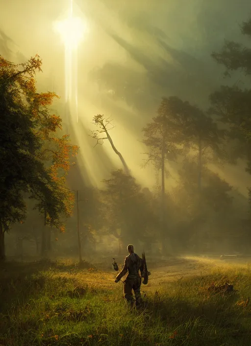 Image similar to rural wisconsin after zombie apocalypse, mist, sunrays, dust in the air, dnd character, unreal engine, octane render, dramatic lighting, pond, digital art, by stanley artgerm lau, greg rutkowski, thomas kindkade, alphonse mucha, loish, norman rockwell,