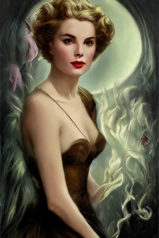 Image similar to a young and extremely beautiful grace kelly infected by night by tom bagshaw in the style of a modern gaston bussiere, art nouveau, art deco, surrealism. extremely lush detail. melancholic scene infected by night. perfect composition and lighting. sharp focus. profoundly surreal. high - contrast lush surrealistic photorealism. sultry and mischievous expression on her face.