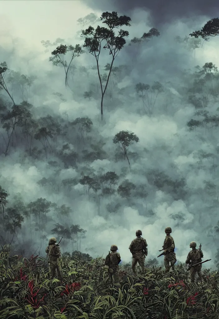 Prompt: handmade illustration of an epic Vietnam war scene with only one american soldiers stand still, the jungle at the background, some smoke and fire, blue sky with dramatic clouds, line art, ballpoint, oil on canvas by Kilian Eng and by Jake Parker, heavy brushstrokes, winning-award masterpiece, fantastic, octane render, 8K HD Resolution, High quality image