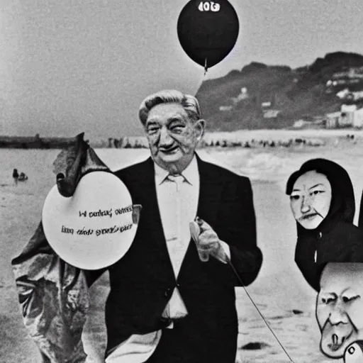 Image similar to george soros dressed as mao tse dong. where's wally, on a beach with beautiful girls, flying a kite, by slavador dali