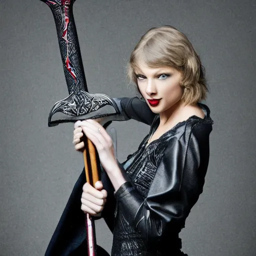 Image similar to taylor swift posing holding excalibur sword, high quality studio photograph