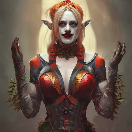 Image similar to portrait of harley quinn as a demon elf queen, forest, godlike, upper body, fantasy, intricate, elegant, highly detailed, digital painting, artstation, concept art, sharp focus, illustration, art by artgerm and greg rutkowski and alphonse mucha