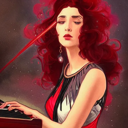 Image similar to a beautiful tarot card of a piano player with black and red hair singing in a jazz club, female, space fantasy, in the style of magic the gathering, intricate, elegant, highly detailed, digital painting, artstation, concept art, matte, sharp focus, illustration, art by greg rutkowski and alphonse mucha