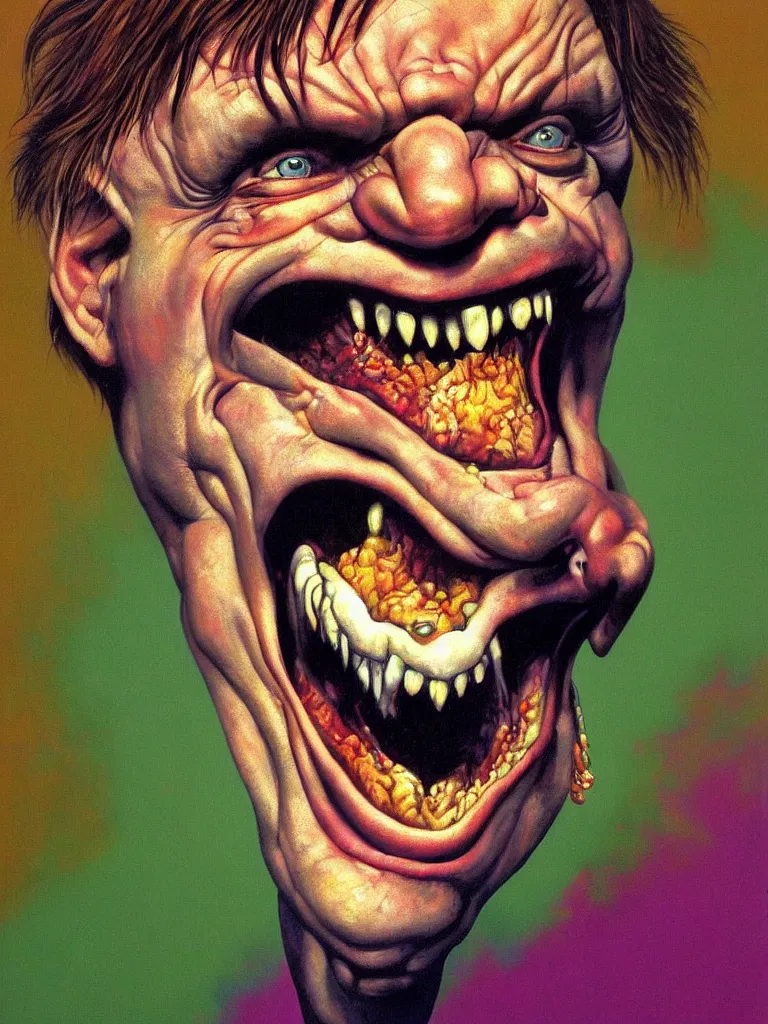 Image similar to hyper realistic painting, head of mark e smith from the fall laughing maniacally, outer glow, by richard corben, lisa frank, simon bisley and chuck close, very intense, depth of field, depth perception, hyperdetailed, rich deep vivid colours, sharp focus, directional lighting