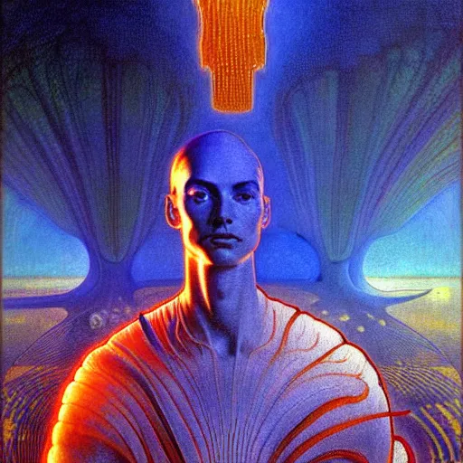 Image similar to realistic extremely detailed portrait painting of a glowing male silhouette, futuristic sci-fi landscape on background by Jean Delville, Amano, Yves Tanguy, Alphonse Mucha, Ernst Haeckel, Edward Robert Hughes, Roger Dean, rich moody colours, blue eyes