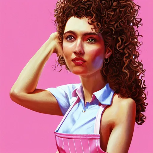 Prompt: portrait of a woman with curly hair in a pink shirt and highrise jeans making sourdough in sunlit kitchen, hyper detailed, digital art, trending in artstation