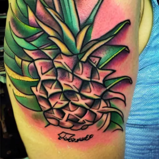 Prompt: a ripe luscious pineapple tattoo that's also edible, digital art