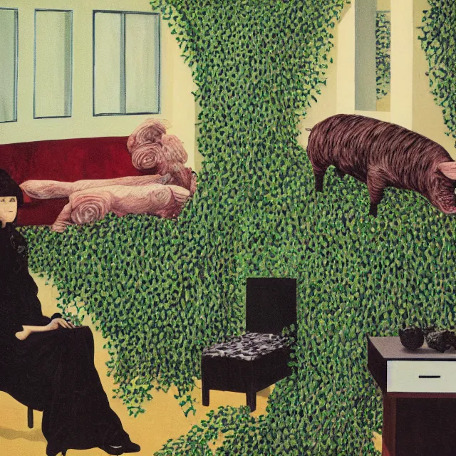 Image similar to a pathology student in her apartment, wrapped in vines, large stones, pig, black walls, ikebana, black armchair, puddles, moss, acrylic on canvas, surrealist, by magritte and monet