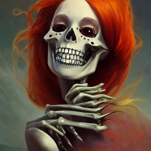 Image similar to cute & beautiful smug smiling undead skeleton girl with very attractive face and red hair dressed as a scientist, elegant, digital art, fullbody painting, fantasy, pixar style, painting, pin up, highly detailed, artstation, art by artgerm, vrubel, greg rutkowski, ilya kuvshinov, raymond swanland