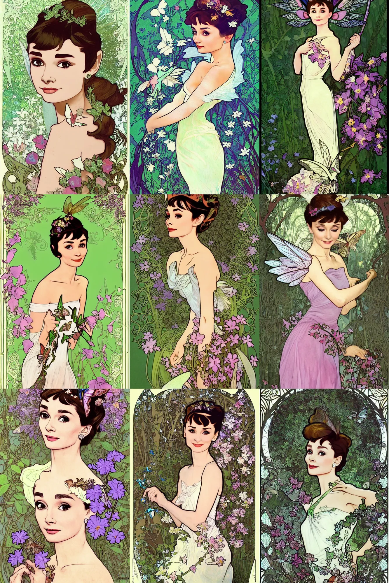 Prompt: audrey hepburn as a fairy with wings, digital art, inspired by artgerm and tinkerbell, border and embellishments by alphonse mucha, classic beautiy, flowers in hair, angelic, standing in the forest