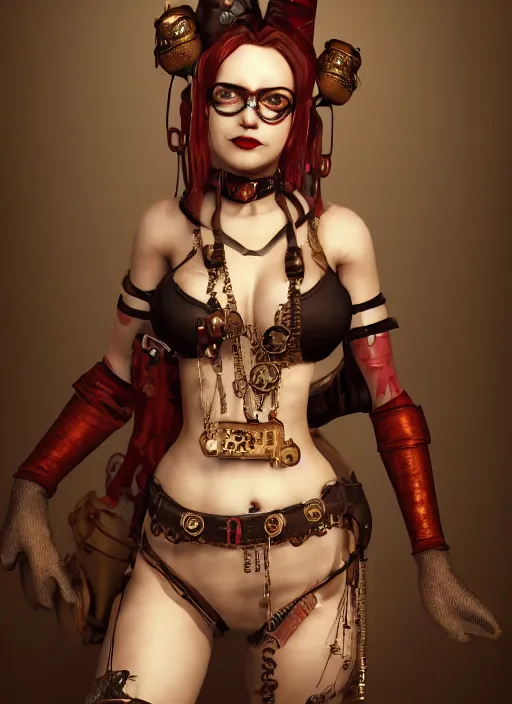 Image similar to steampunk portrait of harley quinn as a belly dancer, au naturel, hyper detailed, digital art, trending in artstation, cinematic lighting, studio quality, smooth render, unreal engine 5 rendered, octane rendered, art style by klimt and nixeu and ian sprigger and wlop and krenz cushart.