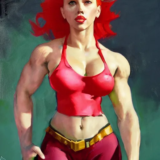 Image similar to greg manchess portrait of scarlett johansson as roided thick muscular weightlifter zarya from overwatch with short red hair ponytail and green lipstick, fantasy medium shot, asymmetrical, profile picture, organic painting, sunny day, matte painting, bold shapes, hard edges, street art, trending on artstation, by huang guangjian and gil elvgren and sachin teng