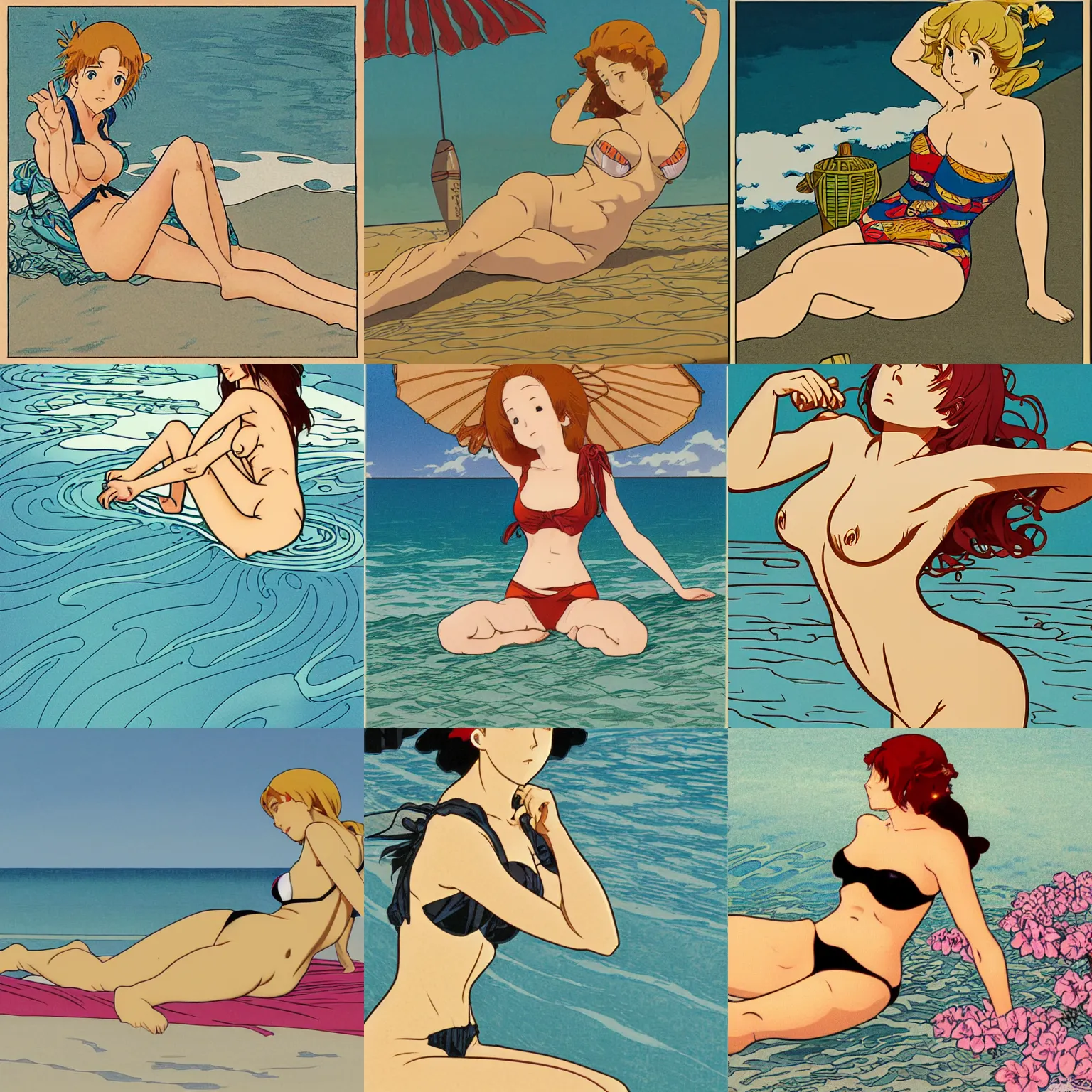 Prompt: Woman in a swimsuit sunbathing on the beach, illustration, detailed shading, Hayao Miyazaki, Kyoto Animation, Alphonse Mucha, Takada Akemi