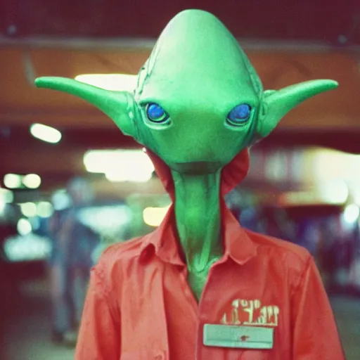 Prompt: alien walking around the soviet market, top secret style, realistic photo, cinestill 8 0 0 t 5 0 mm, 1 9 7 0 s, color