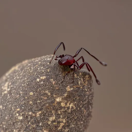 Prompt: A close-up shot of an ant trying to move a pebble uphill, macro lens, 8K, narrow FOV, super detailed photograph