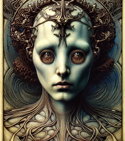 Image similar to detailed realistic beautiful young medieval alien robot grimez face portrait by jean delville, gustave dore and marco mazzoni, art nouveau, symbolist, visionary, gothic, pre - raphaelite. horizontal symmetry by zdzisław beksinski, iris van herpen, raymond swanland and alphonse mucha. highly detailed, hyper - real, beautiful