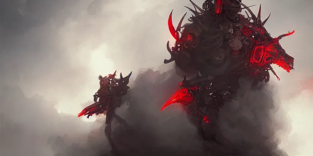 Image similar to mechanical steampunk cyborg devil red skin satan horns with white! angel wings flames and fire concept art greg rutkowski ivan aivazovsky